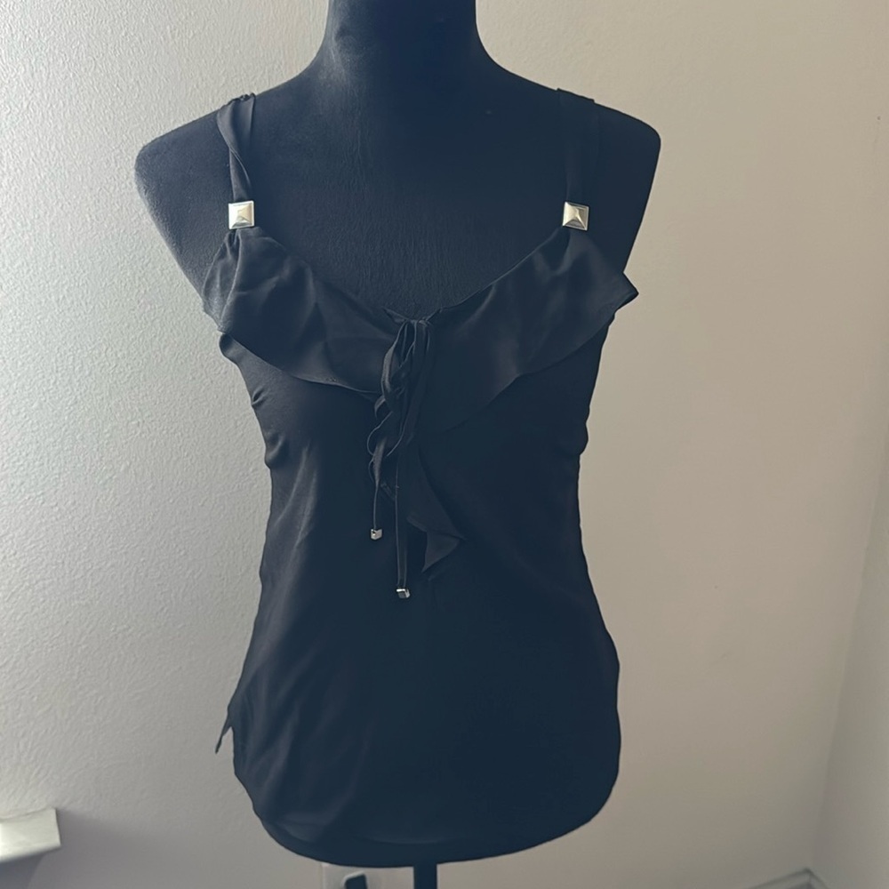 White House Black Market Ruffle top blouse ties silver square details‎ Sz XXS